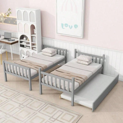 Twin Over Twin Rubber Wood Bunk Bed with Trundle, Convertible into Twin Size Beds, Twin Size Bunk Bed with Ladder and Safety Guardrails,