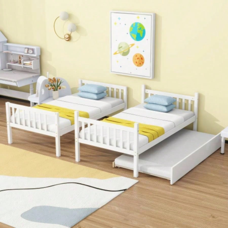 Twin Over Twin Rubber Wood Bunk Bed with Trundle, Convertible into Twin Size Beds, Twin Size Bunk Bed with Ladder and Safety Guardrails, White