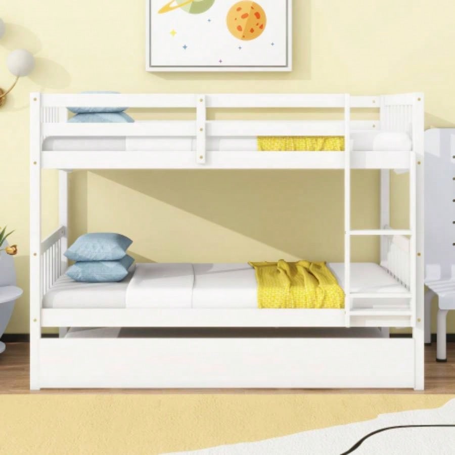 Twin Over Twin Rubber Wood Bunk Bed with Trundle, Convertible into Twin Size Beds, Twin Size Bunk Bed with Ladder and Safety Guardrails, White
