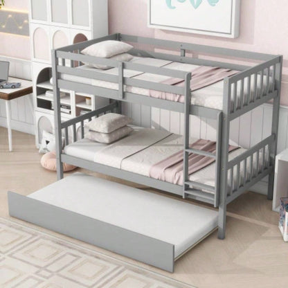 Twin Over Twin Rubber Wood Bunk Bed with Trundle, Convertible into Twin Size Beds, Twin Size Bunk Bed with Ladder and Safety Guardrails,