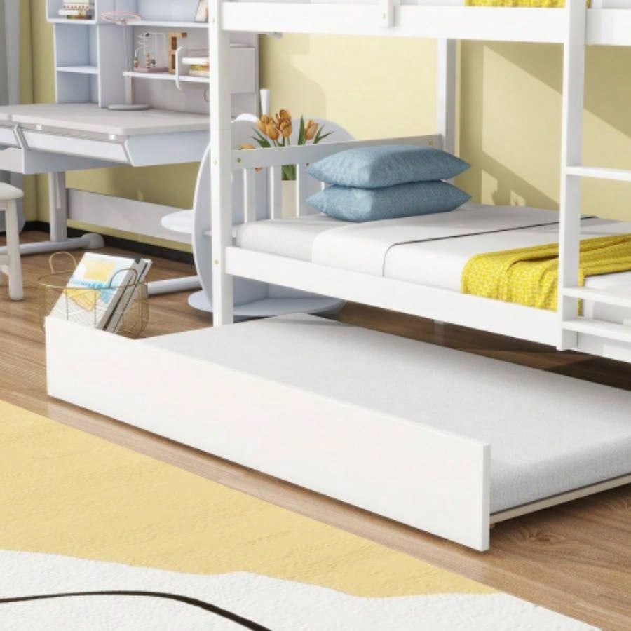Twin Over Twin Rubber Wood Bunk Bed with Trundle, Convertible into Twin Size Beds, Twin Size Bunk Bed with Ladder and Safety Guardrails, White