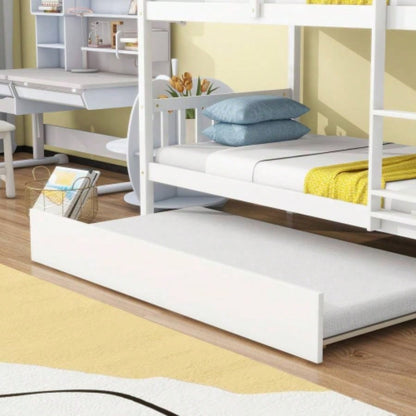 Twin Over Twin Rubber Wood Bunk Bed with Trundle, Convertible into Twin Size Beds, Twin Size Bunk Bed with Ladder and Safety Guardrails, White