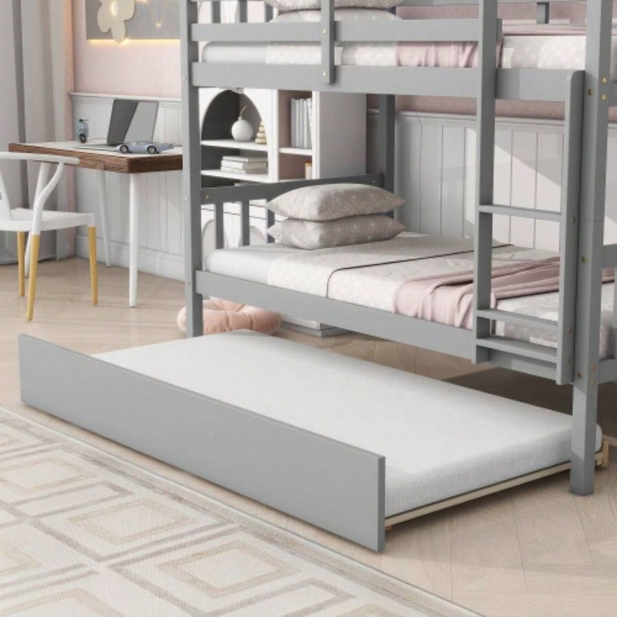 Twin Over Twin Rubber Wood Bunk Bed with Trundle, Convertible into Twin Size Beds, Twin Size Bunk Bed with Ladder and Safety Guardrails,