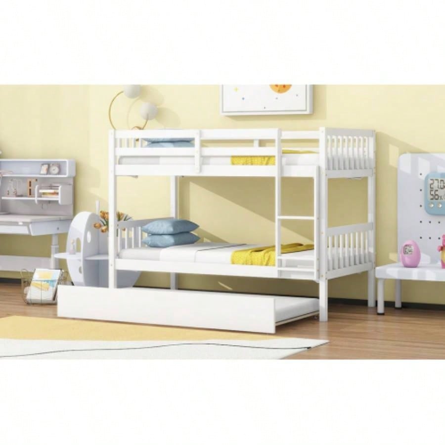Twin Over Twin Rubber Wood Bunk Bed with Trundle, Convertible into Twin Size Beds, Twin Size Bunk Bed with Ladder and Safety Guardrails, White