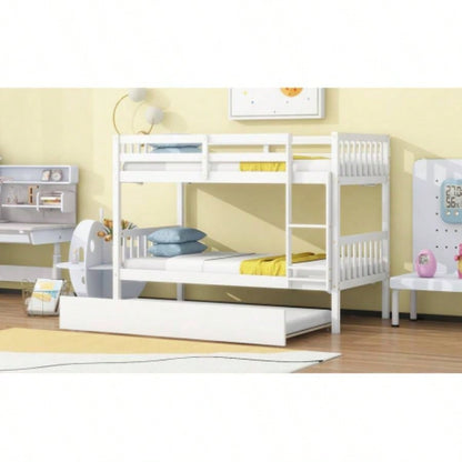 Twin Over Twin Rubber Wood Bunk Bed with Trundle, Convertible into Twin Size Beds, Twin Size Bunk Bed with Ladder and Safety Guardrails, White
