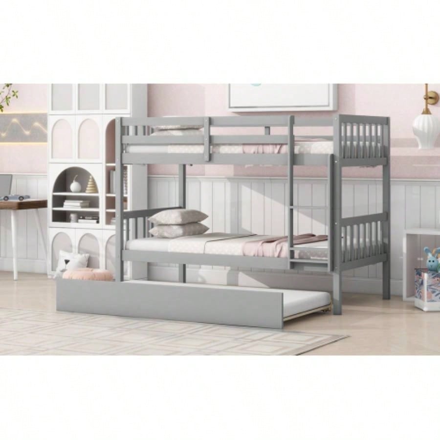 Twin Over Twin Rubber Wood Bunk Bed with Trundle, Convertible into Twin Size Beds, Twin Size Bunk Bed with Ladder and Safety Guardrails,