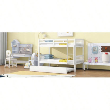 Twin Over Twin Rubber Wood Bunk Bed with Trundle, Convertible into Twin Size Beds, Twin Size Bunk Bed with Ladder and Safety Guardrails, White