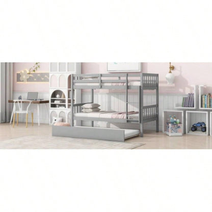 Twin Over Twin Rubber Wood Bunk Bed with Trundle, Convertible into Twin Size Beds, Twin Size Bunk Bed with Ladder and Safety Guardrails,