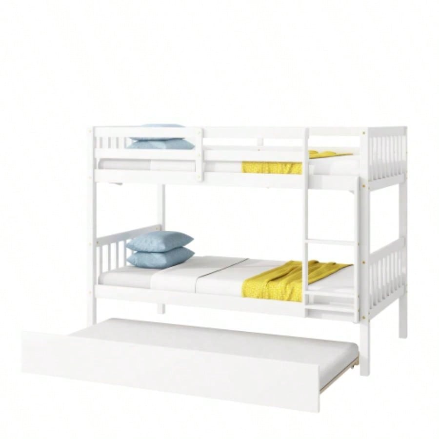 Twin Over Twin Rubber Wood Bunk Bed with Trundle, Convertible into Twin Size Beds, Twin Size Bunk Bed with Ladder and Safety Guardrails, White