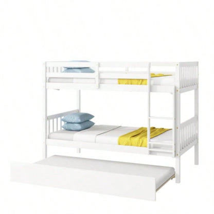 Twin Over Twin Rubber Wood Bunk Bed with Trundle, Convertible into Twin Size Beds, Twin Size Bunk Bed with Ladder and Safety Guardrails, White