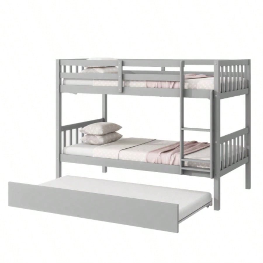Twin Over Twin Rubber Wood Bunk Bed with Trundle, Convertible into Twin Size Beds, Twin Size Bunk Bed with Ladder and Safety Guardrails,