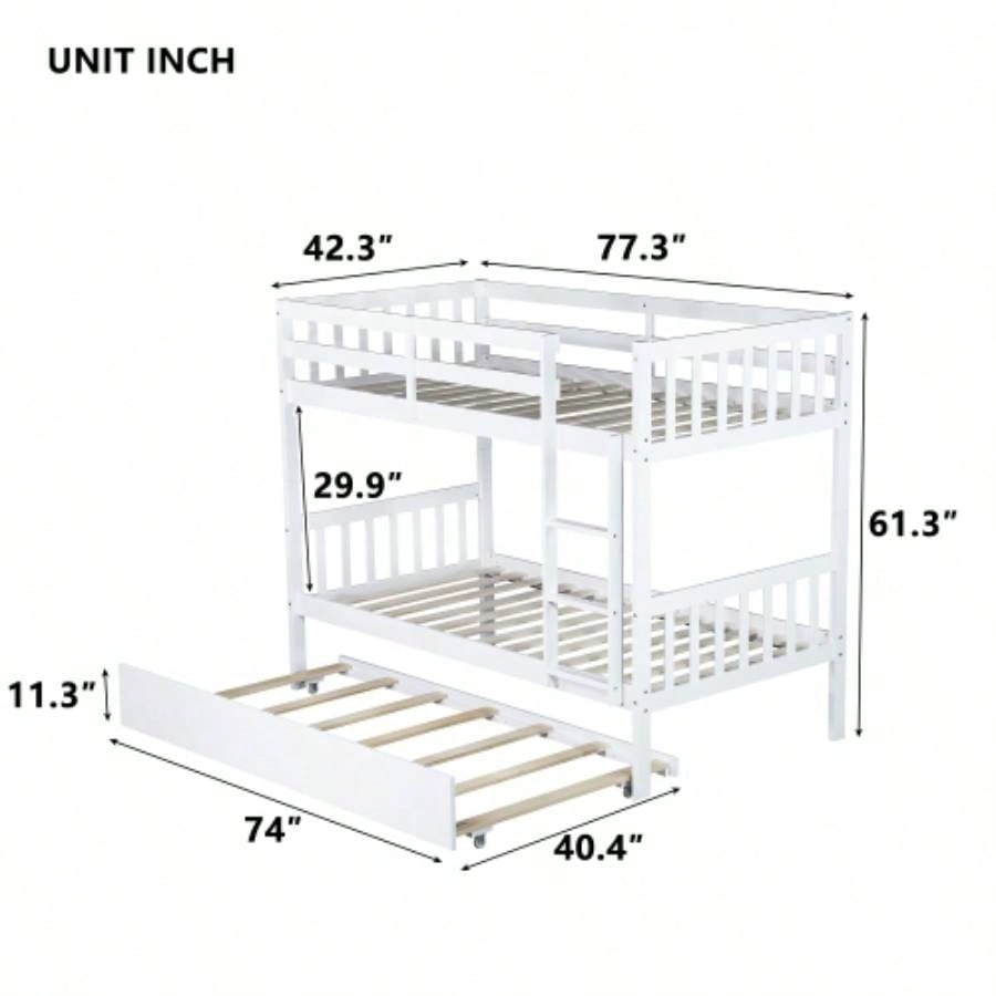 Twin Over Twin Rubber Wood Bunk Bed with Trundle, Convertible into Twin Size Beds, Twin Size Bunk Bed with Ladder and Safety Guardrails, White