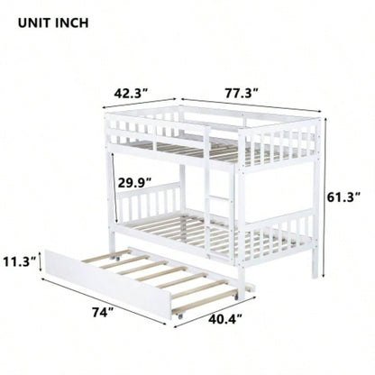 Twin Over Twin Rubber Wood Bunk Bed with Trundle, Convertible into Twin Size Beds, Twin Size Bunk Bed with Ladder and Safety Guardrails, White
