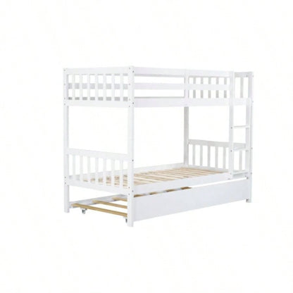 Twin Over Twin Rubber Wood Bunk Bed with Trundle, Convertible into Twin Size Beds, Twin Size Bunk Bed with Ladder and Safety Guardrails, White