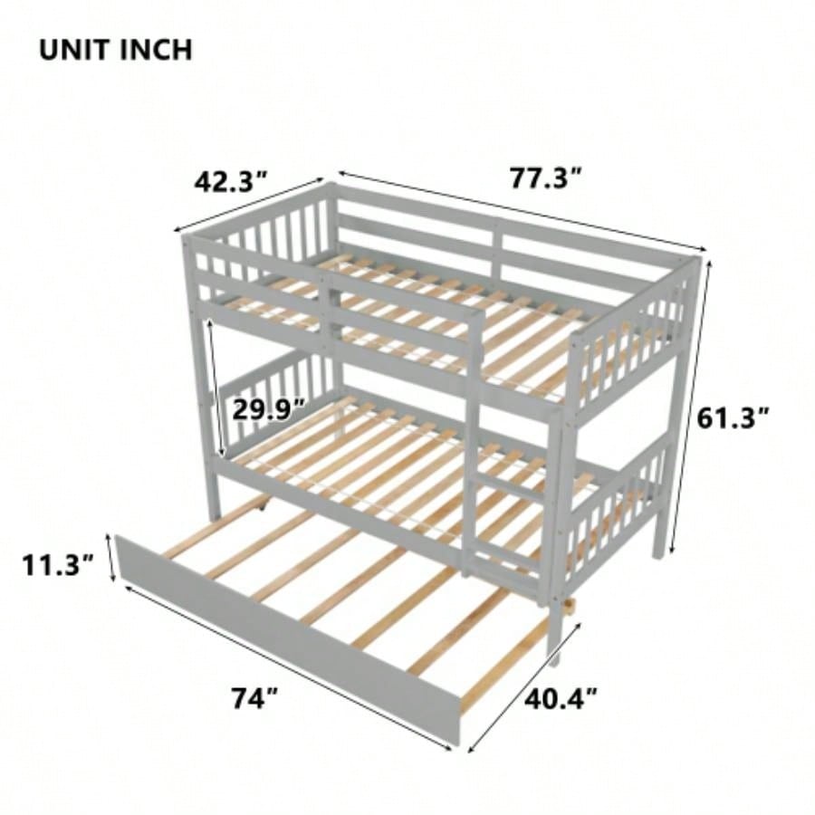 Twin Over Twin Rubber Wood Bunk Bed with Trundle, Convertible into Twin Size Beds, Twin Size Bunk Bed with Ladder and Safety Guardrails,