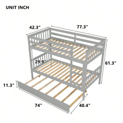 Twin Over Twin Rubber Wood Bunk Bed with Trundle, Convertible into Twin Size Beds, Twin Size Bunk Bed with Ladder and Safety Guardrails,