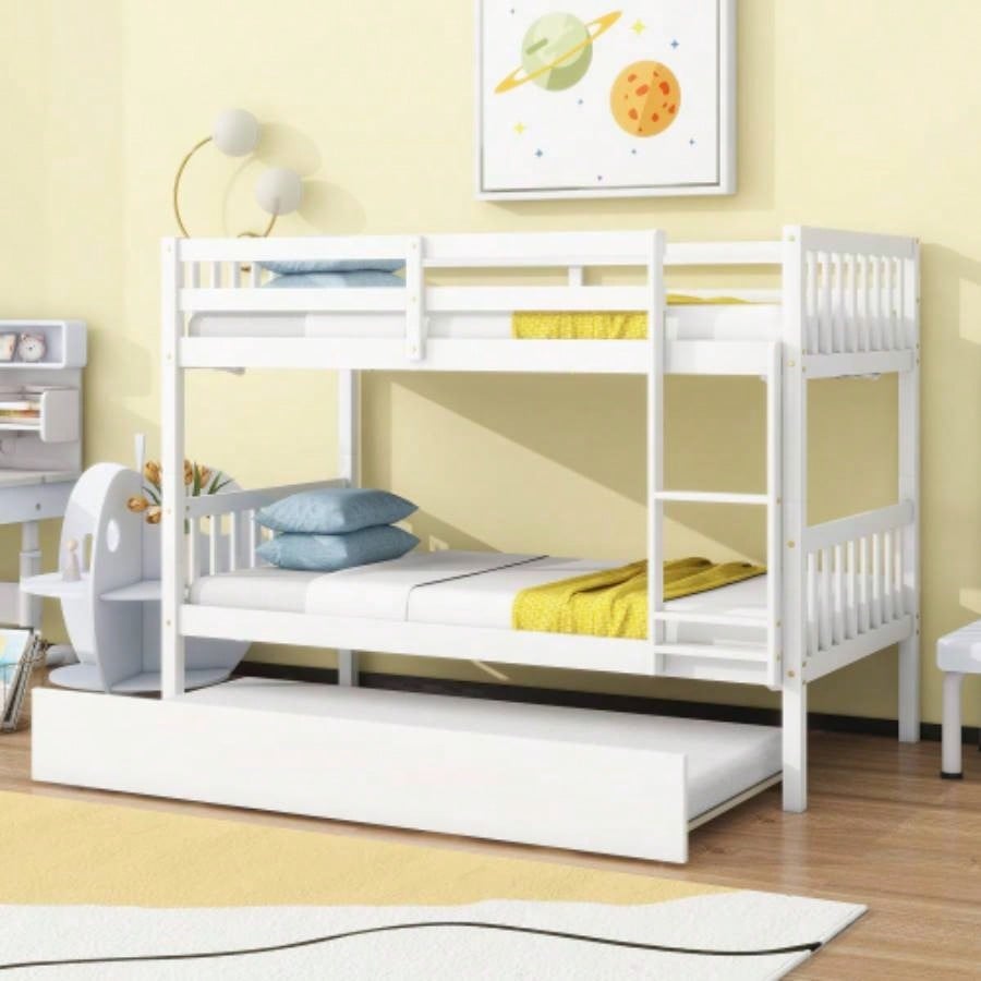Twin Over Twin Rubber Wood Bunk Bed with Trundle, Convertible into Twin Size Beds, Twin Size Bunk Bed with Ladder and Safety Guardrails,