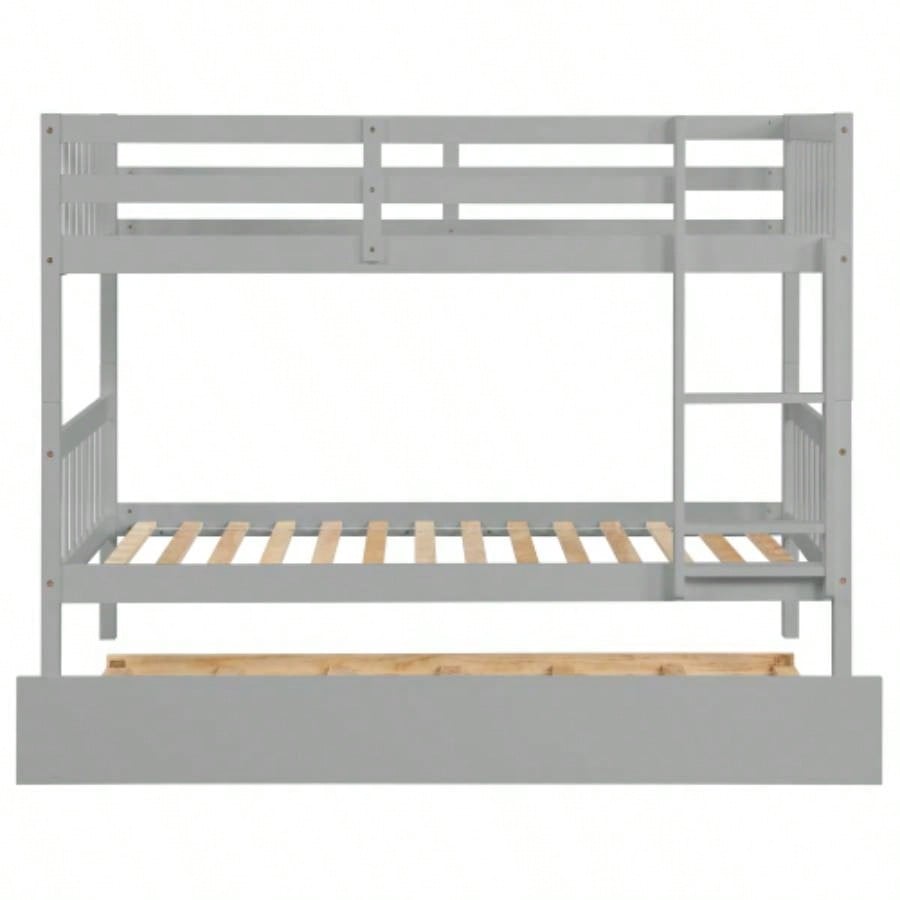 Twin Over Twin Rubber Wood Bunk Bed with Trundle, Convertible into Twin Size Beds, Twin Size Bunk Bed with Ladder and Safety Guardrails,