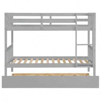 Twin Over Twin Rubber Wood Bunk Bed with Trundle, Convertible into Twin Size Beds, Twin Size Bunk Bed with Ladder and Safety Guardrails,