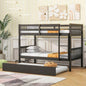 Twin Over Twin Rubber Wood Bunk Bed with Trundle, Convertible into Twin Size Beds, Twin Size Bunk Bed with Ladder and Safety Guardrails,