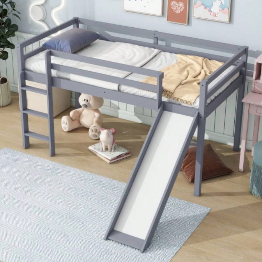 Twin Low Loft Bed with Slide, Ladder, Safety Guardrails, Rubber Wood Twin Loft Bed,