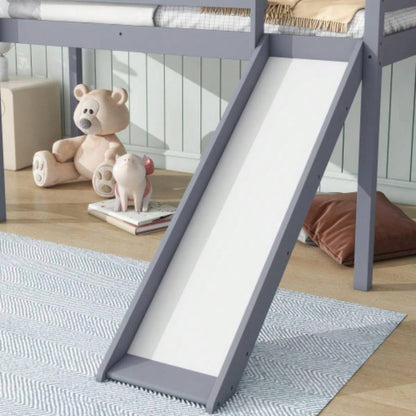 Twin Low Loft Bed with Slide, Ladder, Safety Guardrails, Rubber Wood Twin Loft Bed,