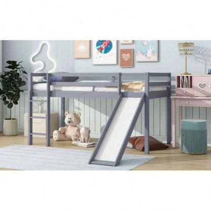 Twin Low Loft Bed with Slide, Ladder, Safety Guardrails, Rubber Wood Twin Loft Bed,