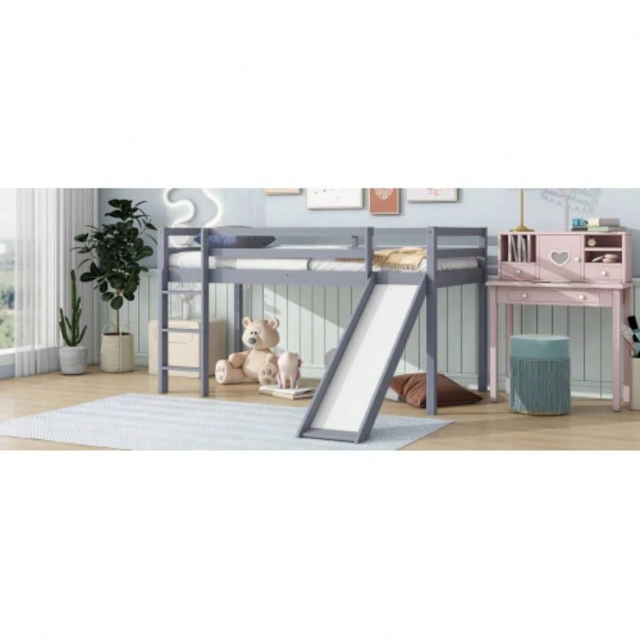Twin Low Loft Bed with Slide, Ladder, Safety Guardrails, Rubber Wood Twin Loft Bed,