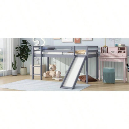Twin Low Loft Bed with Slide, Ladder, Safety Guardrails, Rubber Wood Twin Loft Bed,