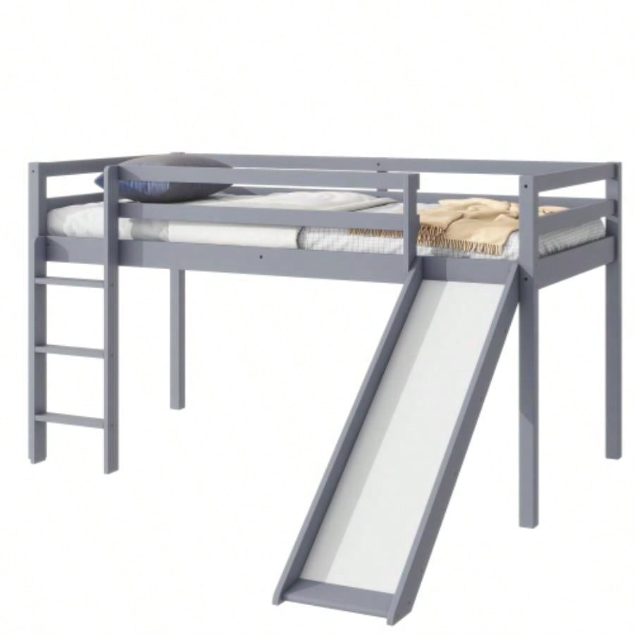 Twin Low Loft Bed with Slide, Ladder, Safety Guardrails, Rubber Wood Twin Loft Bed,