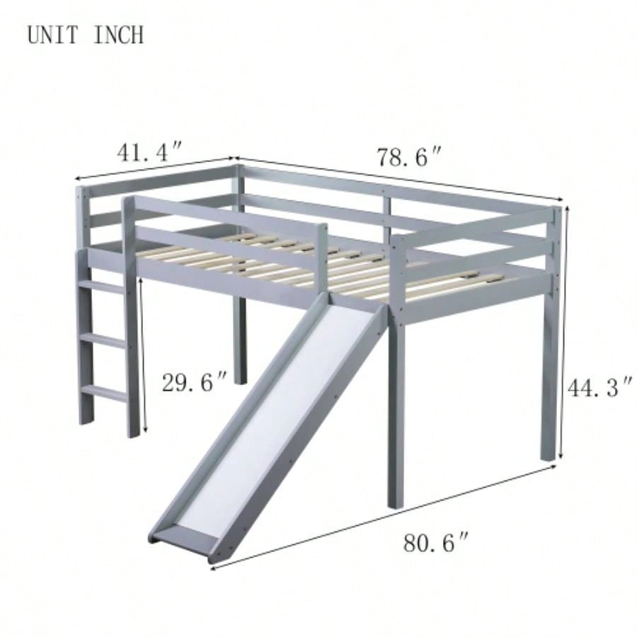 Twin Low Loft Bed with Slide, Ladder, Safety Guardrails, Rubber Wood Twin Loft Bed,