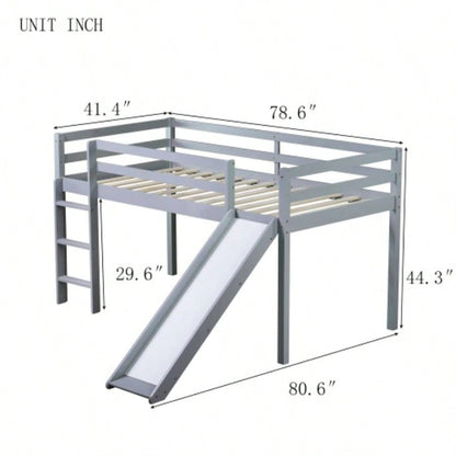 Twin Low Loft Bed with Slide, Ladder, Safety Guardrails, Rubber Wood Twin Loft Bed,