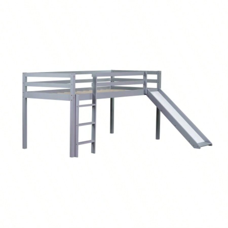 Twin Low Loft Bed with Slide, Ladder, Safety Guardrails, Rubber Wood Twin Loft Bed,