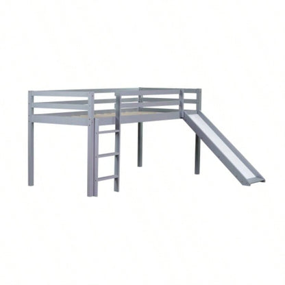 Twin Low Loft Bed with Slide, Ladder, Safety Guardrails, Rubber Wood Twin Loft Bed,