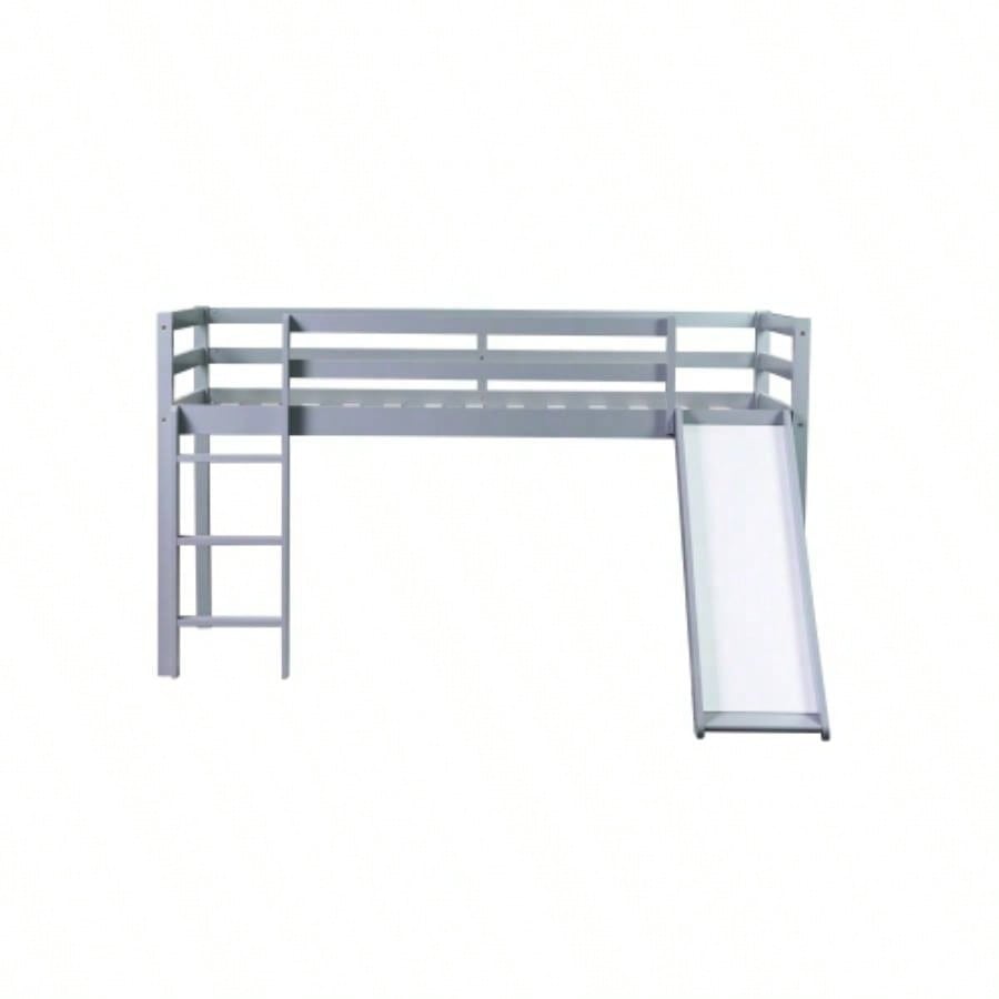 Twin Low Loft Bed with Slide, Ladder, Safety Guardrails, Rubber Wood Twin Loft Bed,