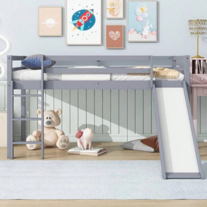Twin Low Loft Bed with Slide, Ladder, Safety Guardrails, Rubber Wood Twin Loft Bed,