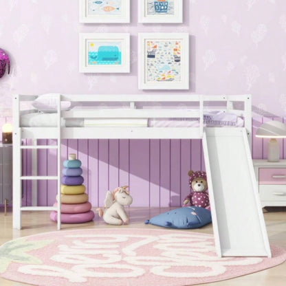 Twin Low Loft Bed with Slide, Ladder, Safety Guardrails, Rubber Wood Twin Loft Bed,