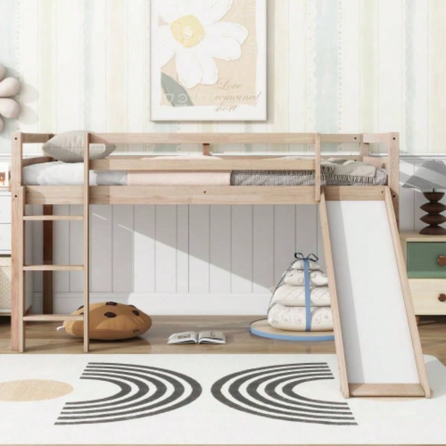 Twin Low Loft Bed with Slide, Ladder, Safety Guardrails, Rubber Wood Twin Loft Bed,