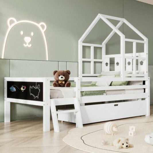 Twin Size House Bed with Ladder and Storage Drawers Kid Bedroom, Solid Wood Platfrom Bedframe with 2 Blackboard Design, No Box Spring Needed, White