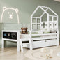 Twin Size House Bed with Ladder and Storage Drawers Kid Bedroom, Solid Wood Platfrom Bedframe with 2 Blackboard Design, No Box Spring Needed, White