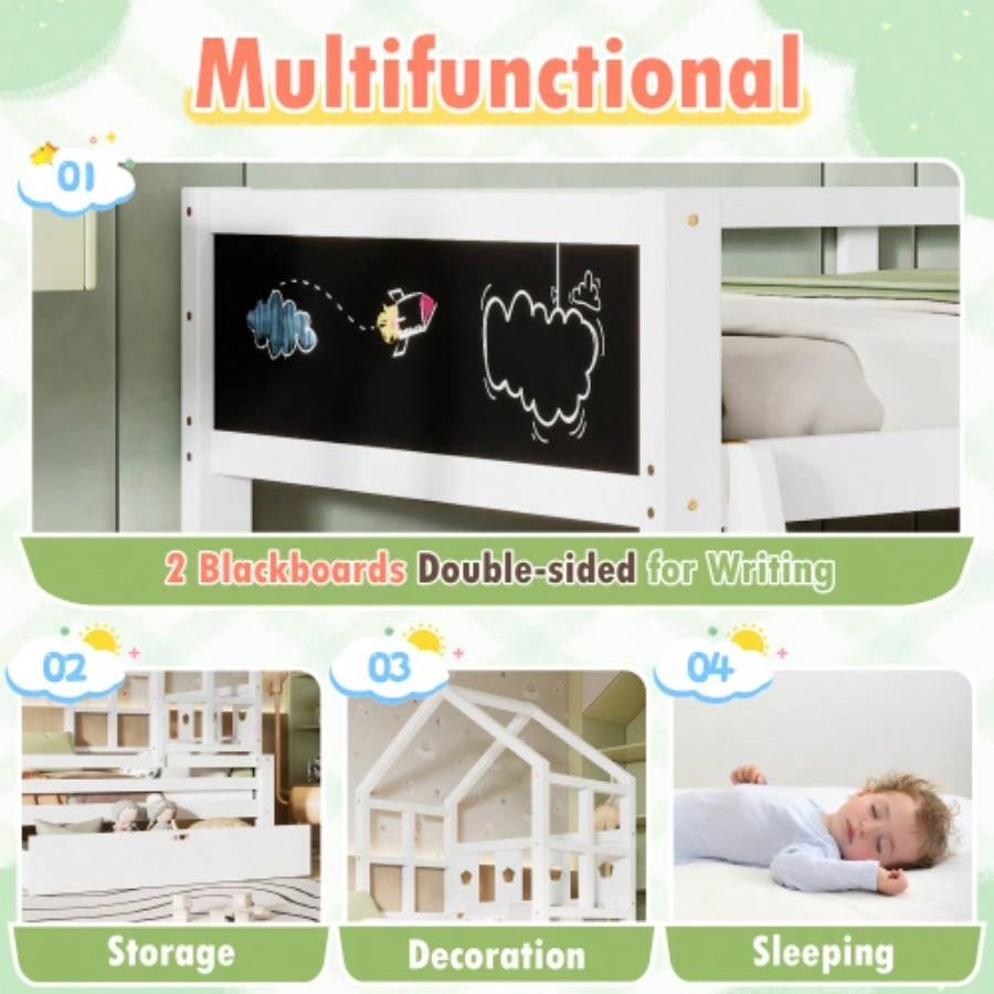 Twin Size House Bed with Ladder and Storage Drawers Kid Bedroom, Solid Wood Platfrom Bedframe with 2 Blackboard Design, No Box Spring Needed, White