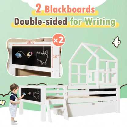 Twin Size House Bed with Ladder and Storage Drawers Kid Bedroom, Solid Wood Platfrom Bedframe with 2 Blackboard Design, No Box Spring Needed, White