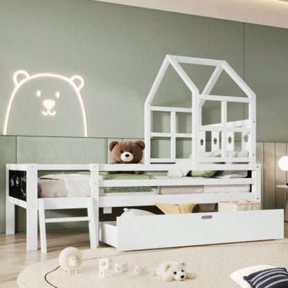 Twin Size House Bed with Ladder and Storage Drawers Kid Bedroom, Solid Wood Platfrom Bedframe with 2 Blackboard Design, No Box Spring Needed, White