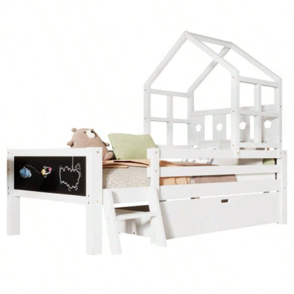 Twin Size House Bed with Ladder and Storage Drawers Kid Bedroom, Solid Wood Platfrom Bedframe with 2 Blackboard Design, No Box Spring Needed, White