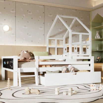 Twin Size House Bed with Ladder and Storage Drawers Kid Bedroom, Solid Wood Platfrom Bedframe with 2 Blackboard Design, No Box Spring Needed, White