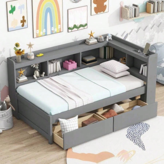 Twin Size L - shaped Bookcases Bed with Power Outlets, USB Charging Ports, Two Drawers,