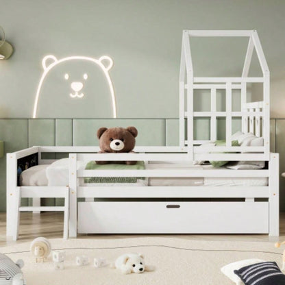Twin Size House Bed with Ladder and Storage Drawers Kid Bedroom, Solid Wood Platfrom Bedframe with 2 Blackboard Design, No Box Spring Needed, White