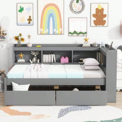Twin Size L - shaped Bookcases Bed with Power Outlets, USB Charging Ports, Two Drawers,