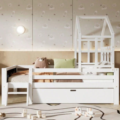 Twin Size House Bed with Ladder and Storage Drawers Kid Bedroom, Solid Wood Platfrom Bedframe with 2 Blackboard Design, No Box Spring Needed, White