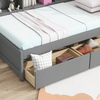 Twin Size L - shaped Bookcases Bed with Power Outlets, USB Charging Ports, Two Drawers,